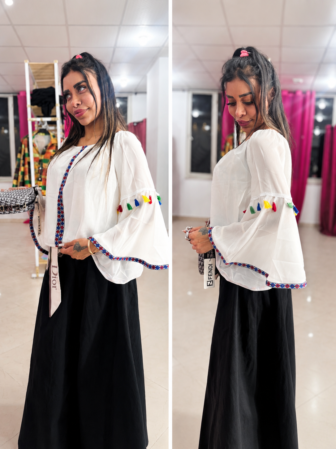 2. بلوز زنانه سفید گلدوزی سنتی با منگوله رنگی